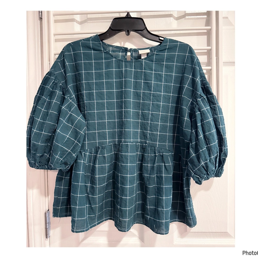 A New Day Green Grid Print Peplum Coquette Babydoll Top Cotton Medium